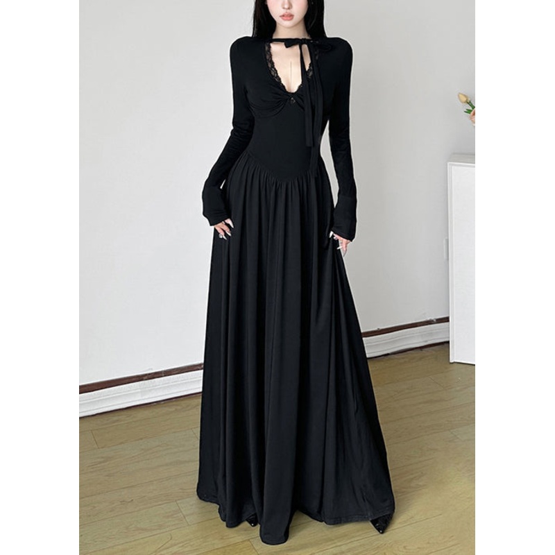 Unique Black V Neck Exra Large Hem Long Dresses Spring YP006