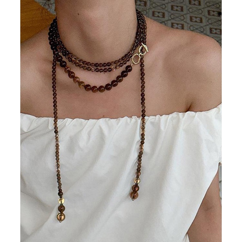 Women Chocolate Copper Overgild Beading Gratuated Bead Necklace YA023