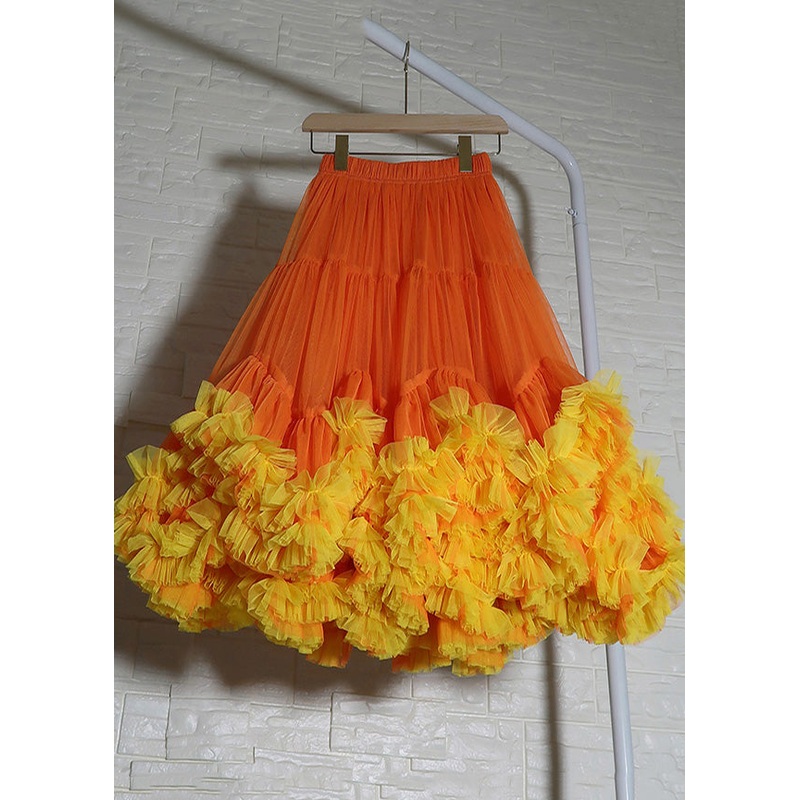 Women Orange Ruffled Patchwork Tulle Skirts Summer YU025