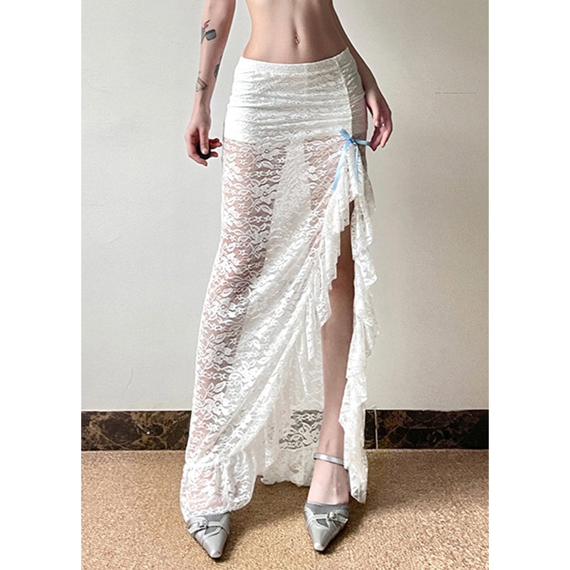 Women White Side Open Hollow Out Lace Wraped Skirts Spring YP050