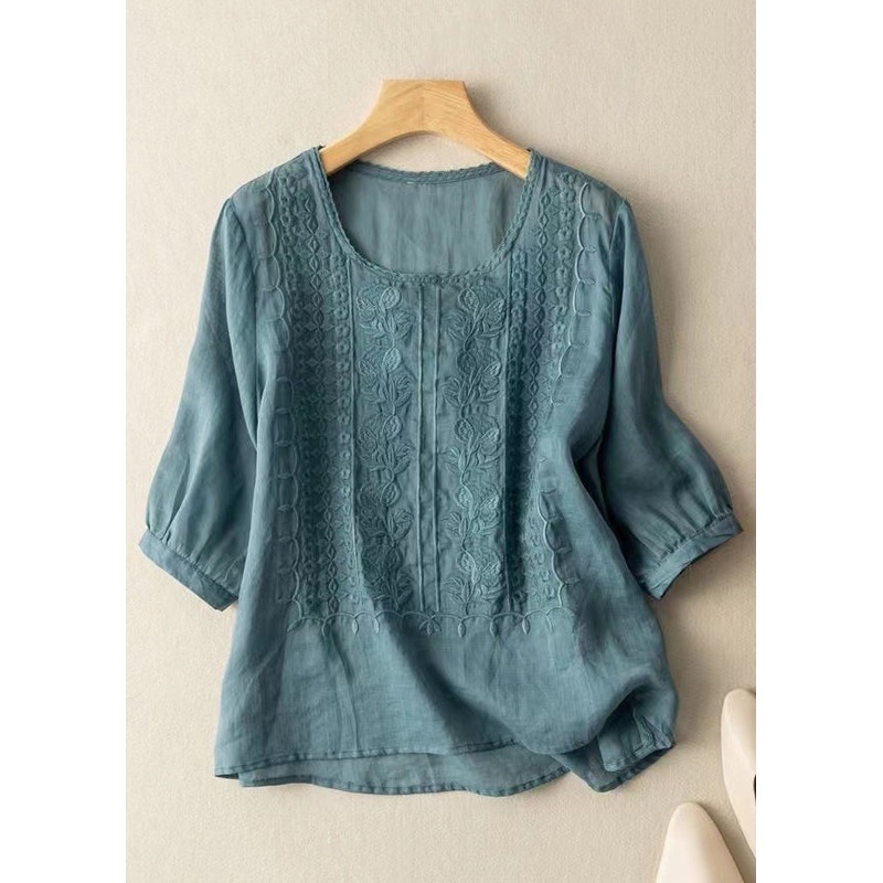 Art Blue O Neck Embroidered Linen T Shirts Half Sleeve YH007