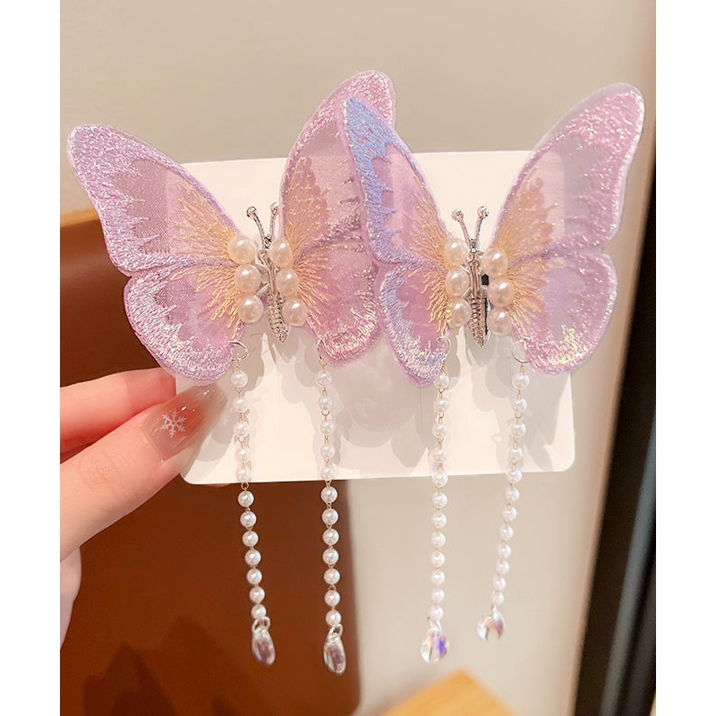 Beautiful Purple Alloy Tulle Butterfly Pearl Tassel Girls Hairpin YG036