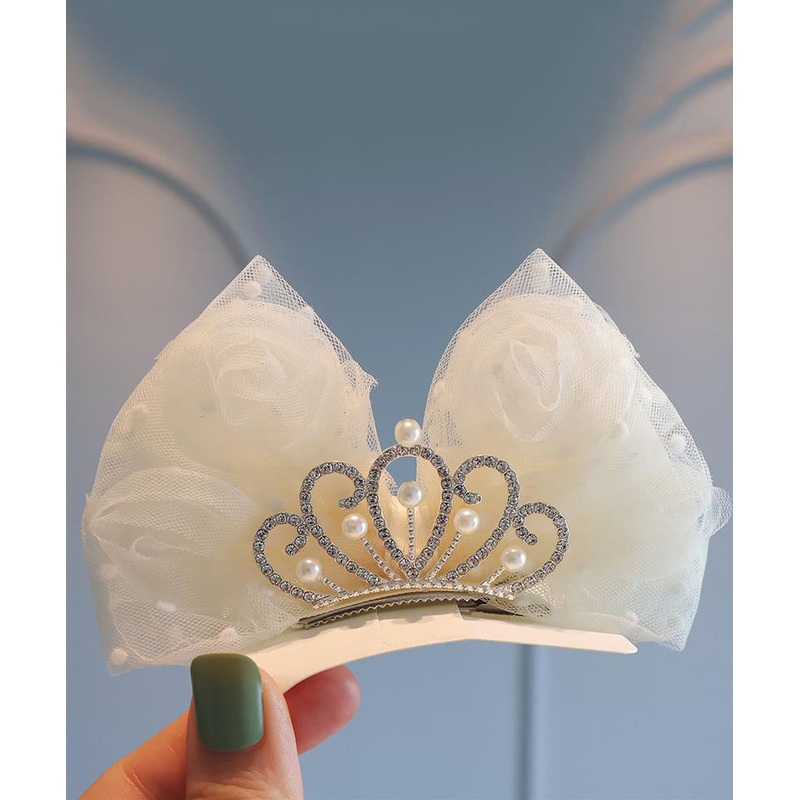 Classy Beige Metal Zircon Crown Tulle Bow Kids Hairpin YG029