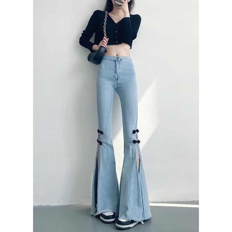 DIY Light Blue Chinese Button Side Open Denim Flare Bottoms Spring YF019