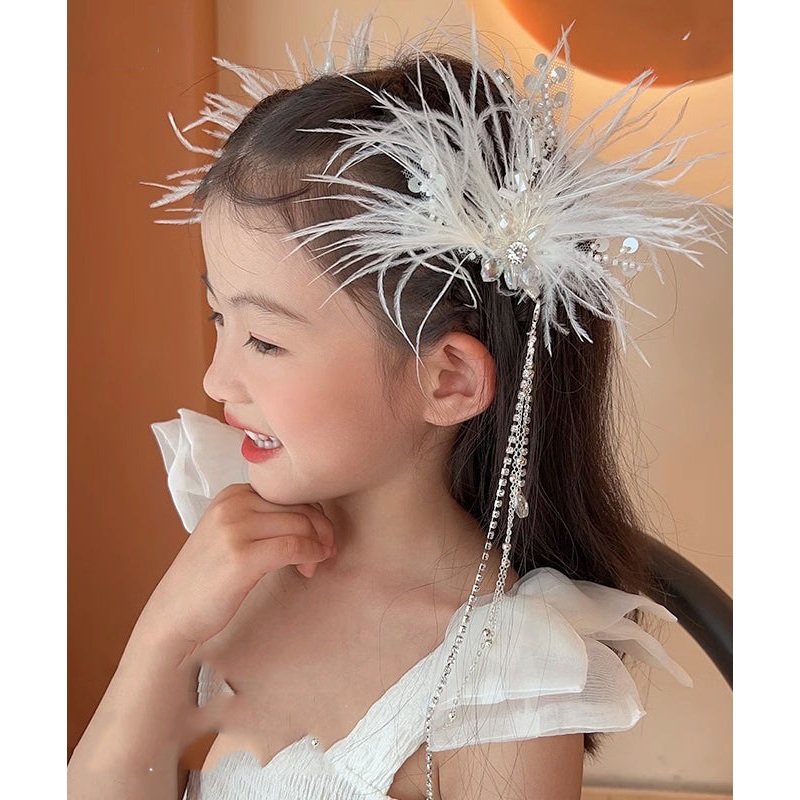 Elegant White Alloy Feather Pearl Sequins Tassel Girls Hairpin YG027