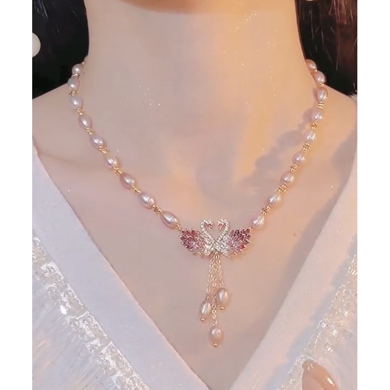 Fashion Light Purple Copper Overgild Swan Pearl Pendant Necklace YD044