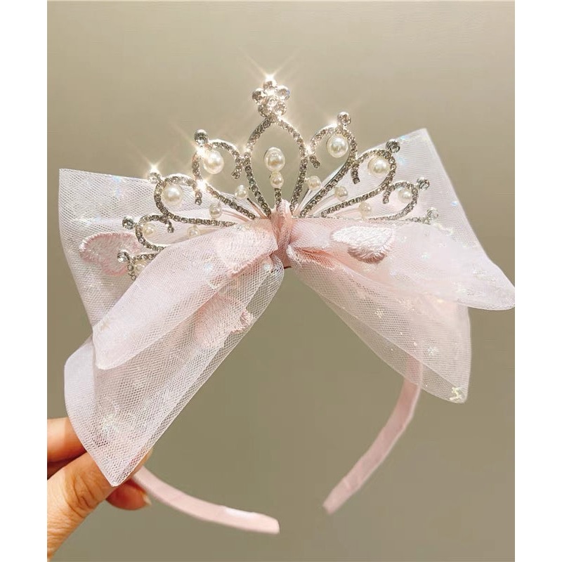 Fine Pink Tulle Patchwork Bow Pearl Zircon Girls Hairpin YG034
