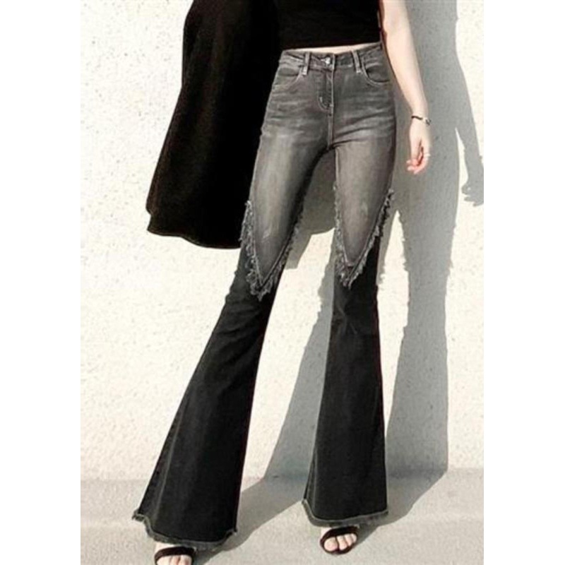 Fitted Black Tasseled Patchwork Denim Flare Bottom Spring YF033