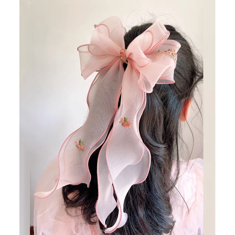 Handmade Pink Tulle Embroidery Bow Ribbon Girls Hairpin YG032