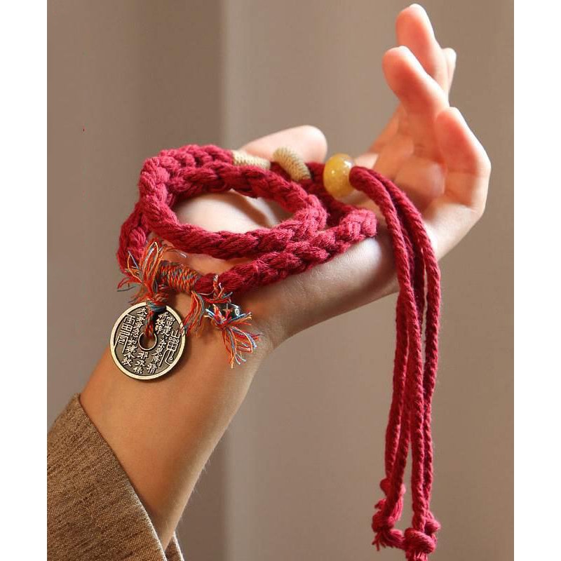 Handmade Red Handmade Weaving Copper Coins Yarn Tassel Charm Bracelet YD008