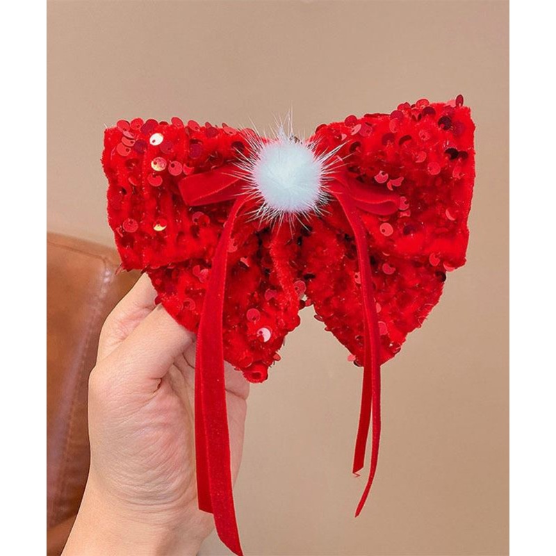 New Red Alloy Fabric Bow Sequins Ribbon Kids Hairpin Two Piece Set YG033