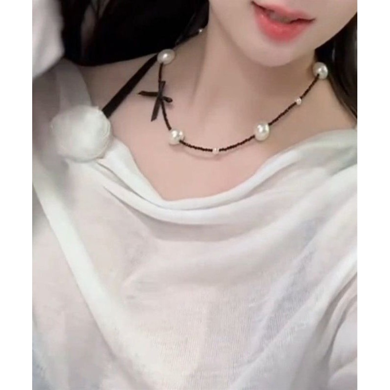 Original Black Stainless Steel Pearl Beading Bow Necklace YD021
