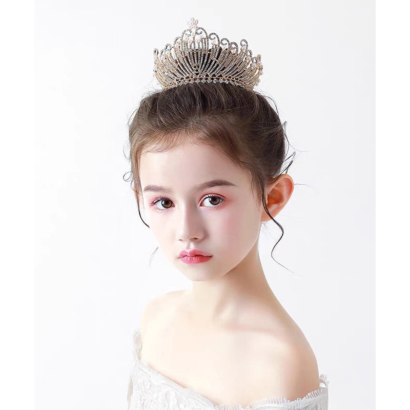 Style Gold Overgild Zircon Crystal Pearl Crown Kids Hairpin YG035