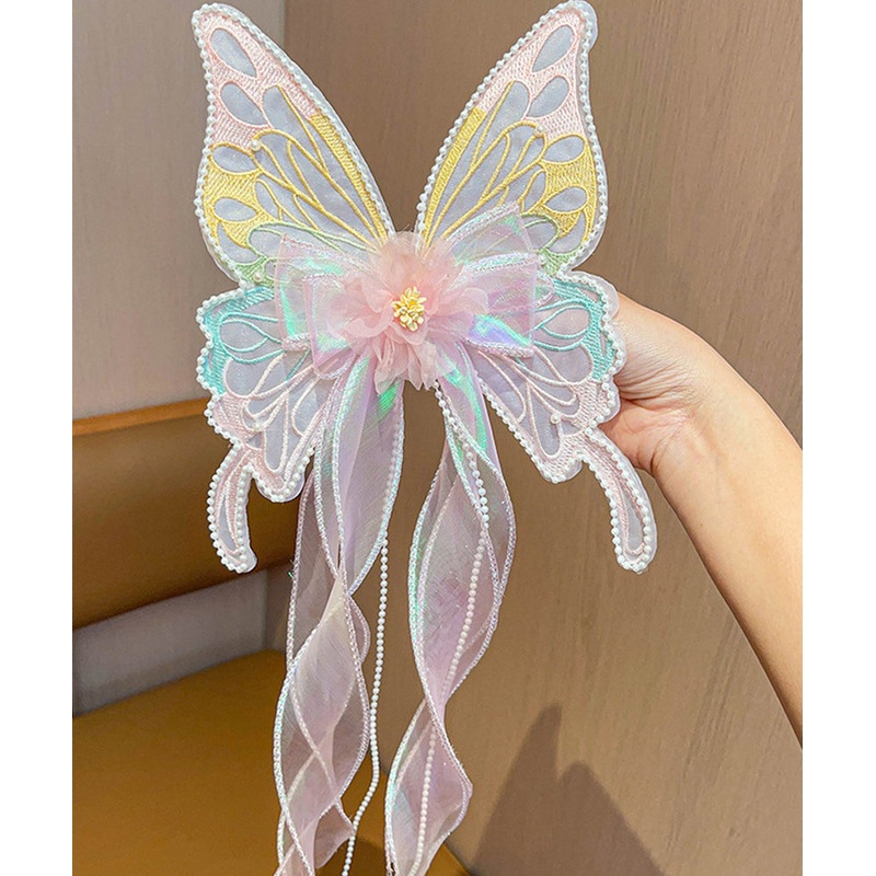 Style Pink Alloy Pearl Tulle Butterfly Ribbon Girls Hairpin YG026