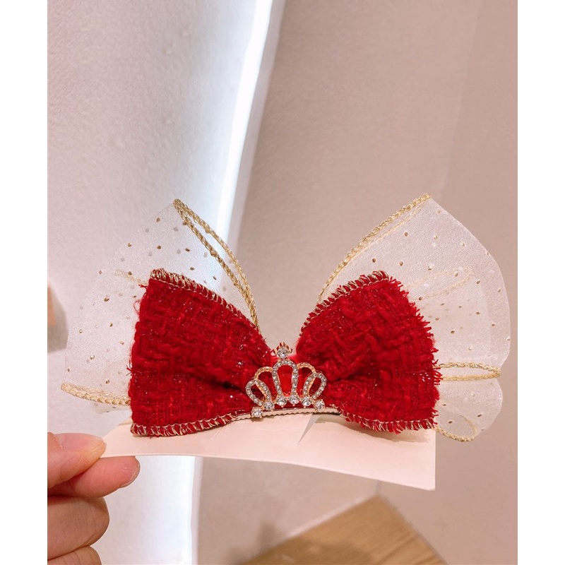 Stylish Red Alloy Tulle Fabric Zircon Bow Kids Hairpin YG039