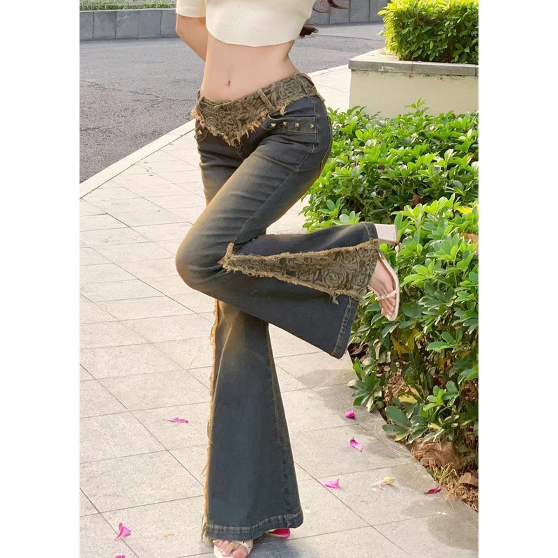 Vintage Low Waist Patchwork Lace Denim Flared Trousers Spring YF027