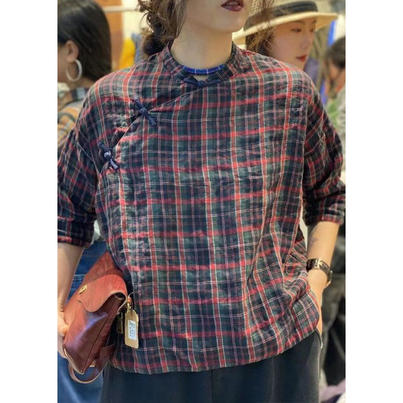 Vintage Plaid Button Cotton Blouses Stand Collar Bracelet Sleeve YH018