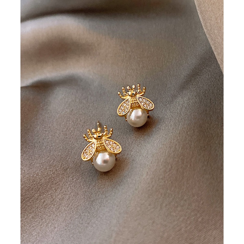 Vogue Gold Copper Overgild Bee Pearl Stud Earrings YD033