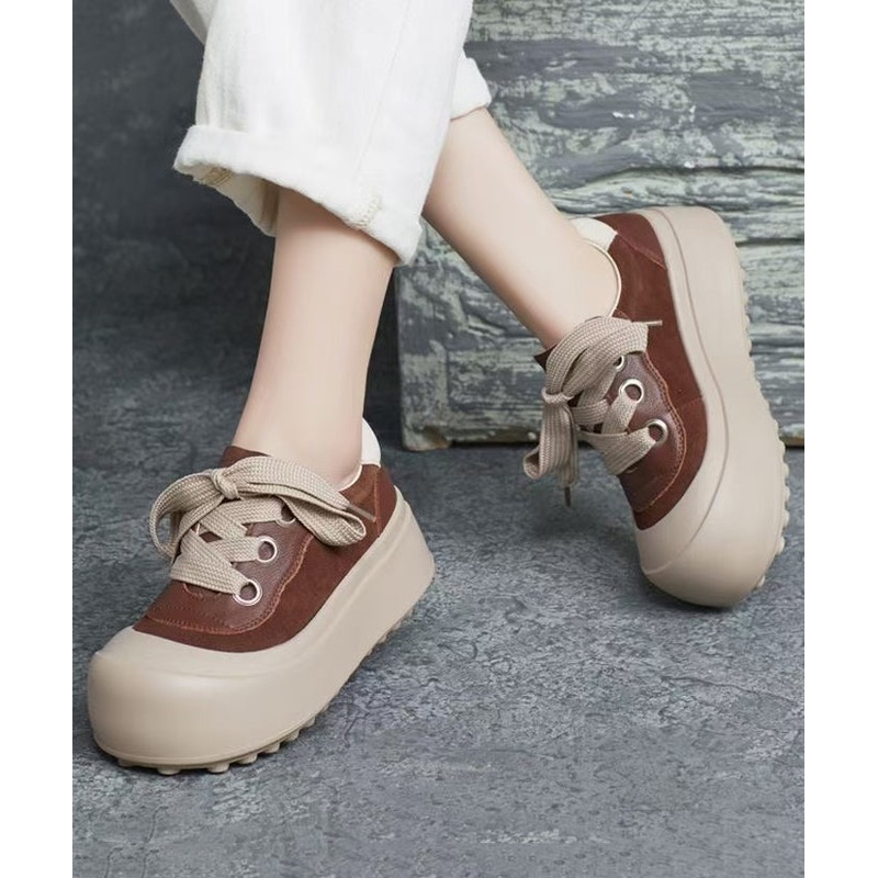Casual Splicing Platform Flat Shoes Brown Cowhide Leather Lace Up YC019
