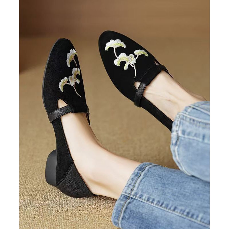 Chinese Style Black Suede Embroidered Chunky Loafer Shoes YC029