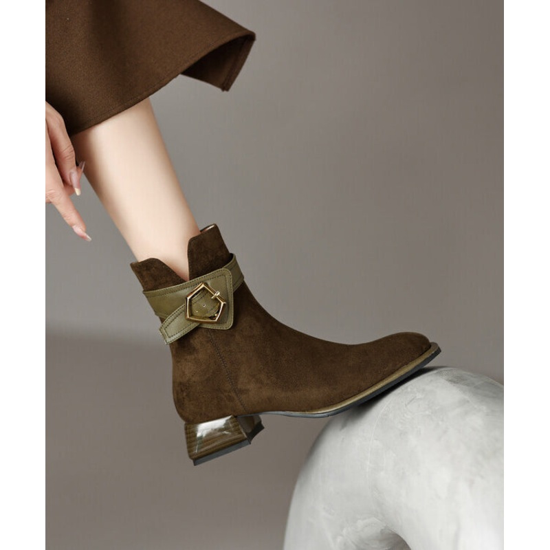 Classy Green Boots Chunky Suede Fitted Splicing Zippered YC012