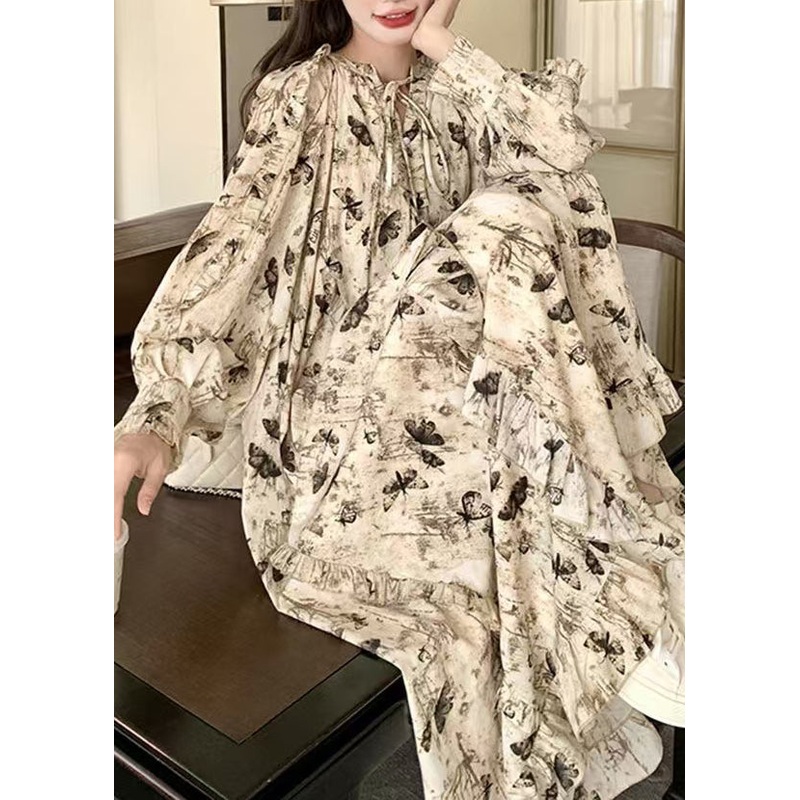French Apricot Ruffled Lace Up Print Cotton Dress Spring YZ026