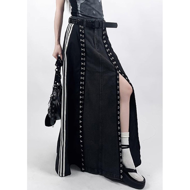 French Black Pockets Side Open Denim Patchwork Skirt Spring YJ008