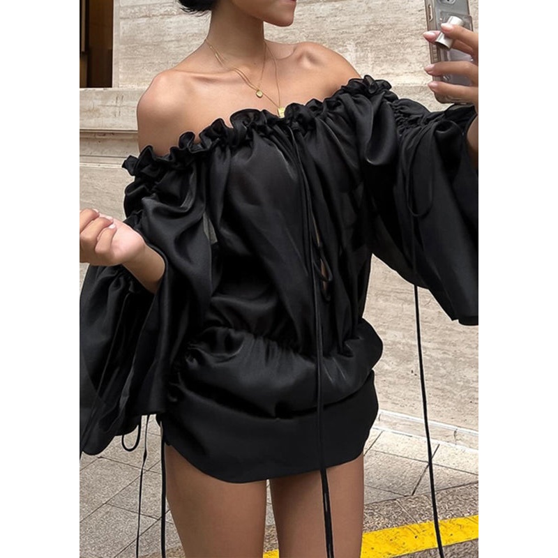 French Black Ruffled Lace Up Silk Mid Dress Spring YZ050