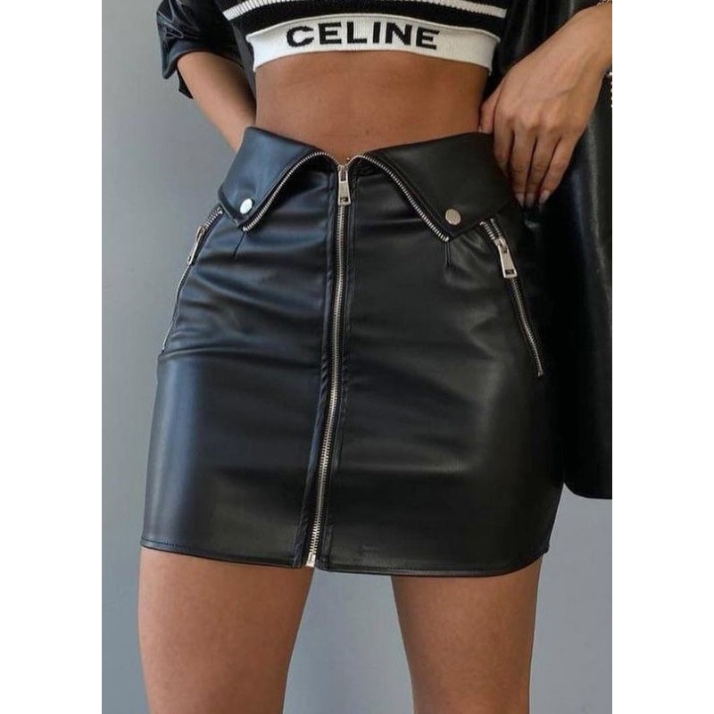 French Black Zip Up High Waist Faux Leather Skirt Spring YZ065