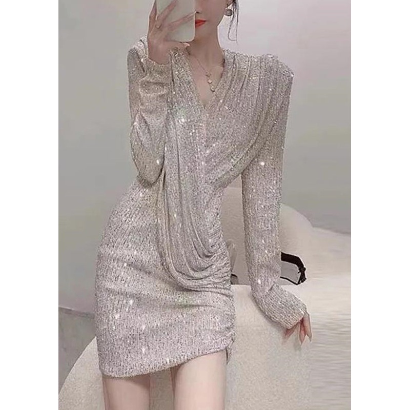 Handmade Photo Color V Neck Wrinkled Sequins Mid Dress Spring YZ074