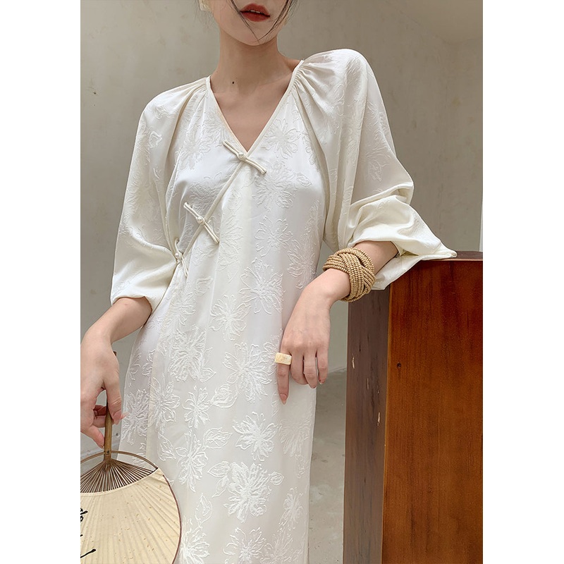 New Beige V Neck Jacquard Oriental Button Silk Long Dress Spring YZ020