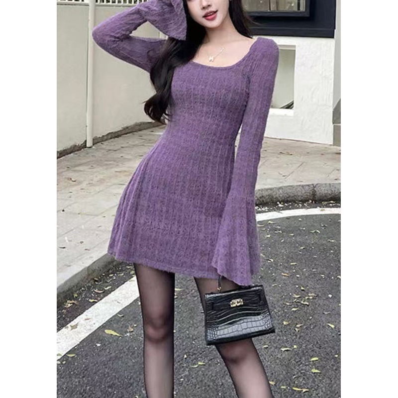 New Purple O-Neck Solid Knit Mid Dress Flare Sleeve YZ048