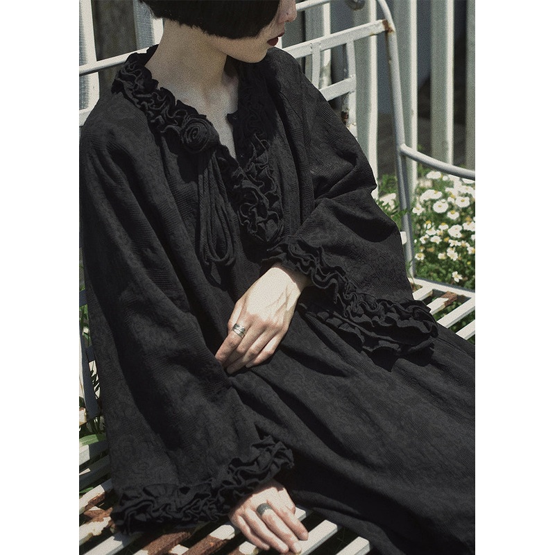Original Design Black Ruffled Patchwork Cotton Dress Spring YZ027