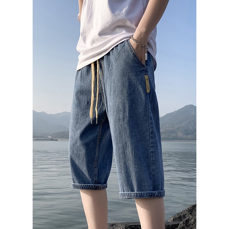 Simple Blue Pockets Elastic Waist Solid Denim Men Crop Pants Summer YL030