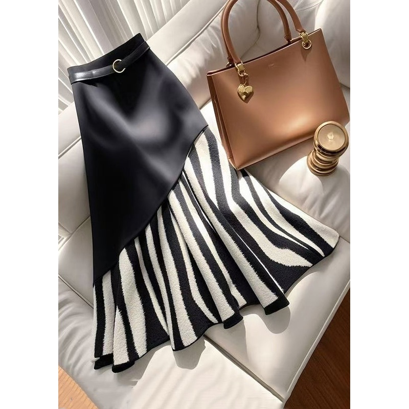 Stylish Black Zebra Pattern High Waist Patchwork Skirt Spring YJ010