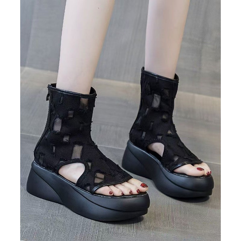 Unique Black Platform Cowboy Boots Hollow Out Flip Flops YC024