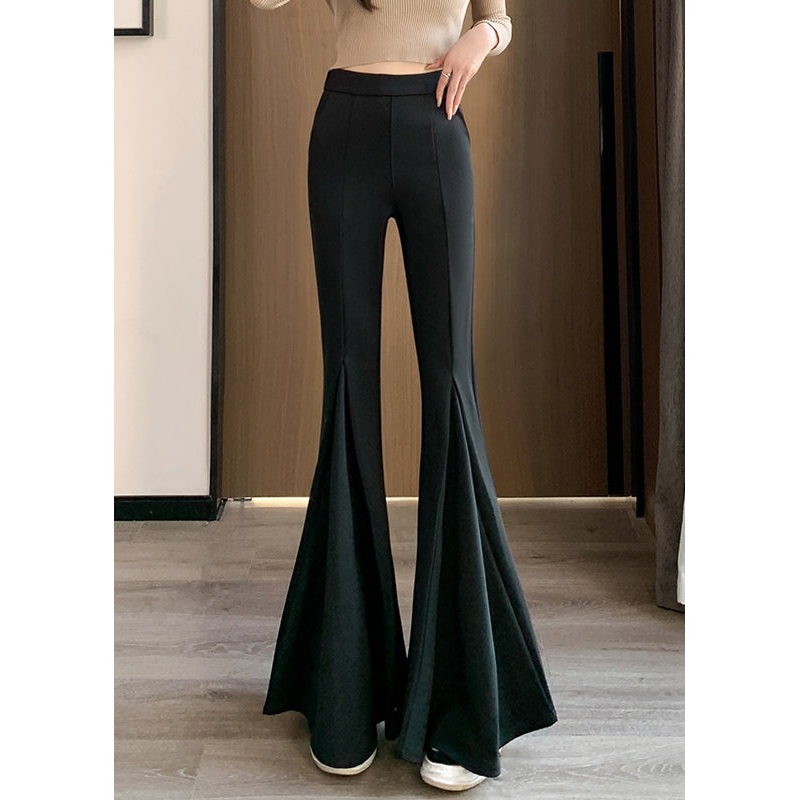 Women Black Solid Elastic Waist Spandex Flared Trousers Spring YJ007