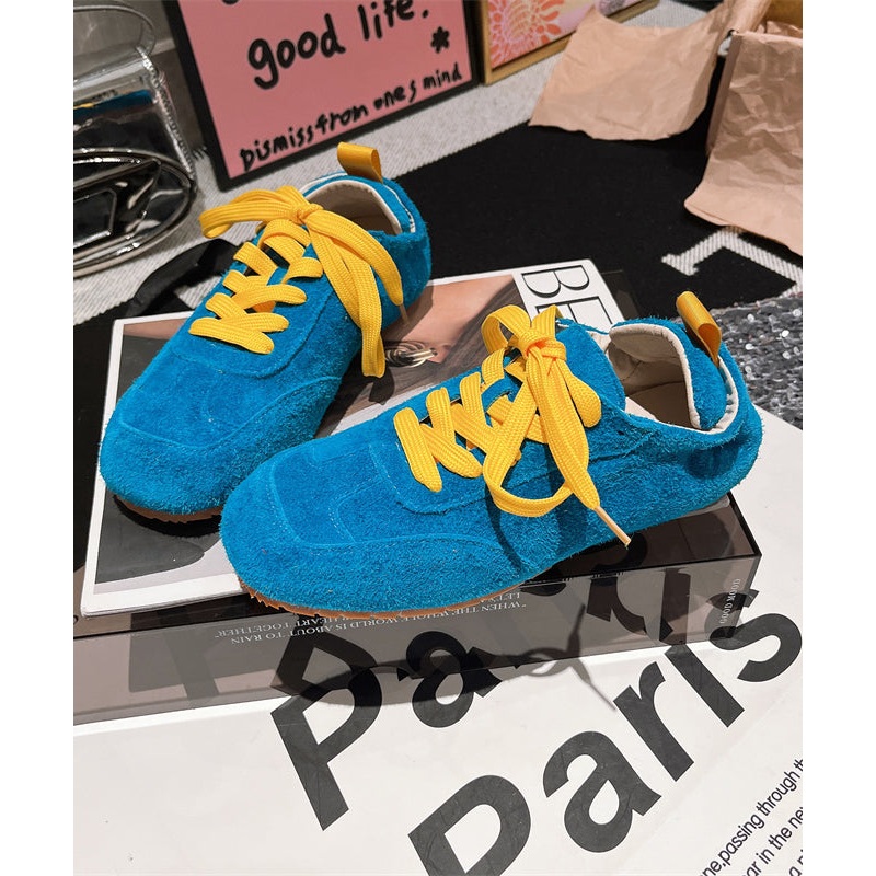 Women Casual Soft Comfy Blue Suede Flat Shoes Splicing Lace Up YC021