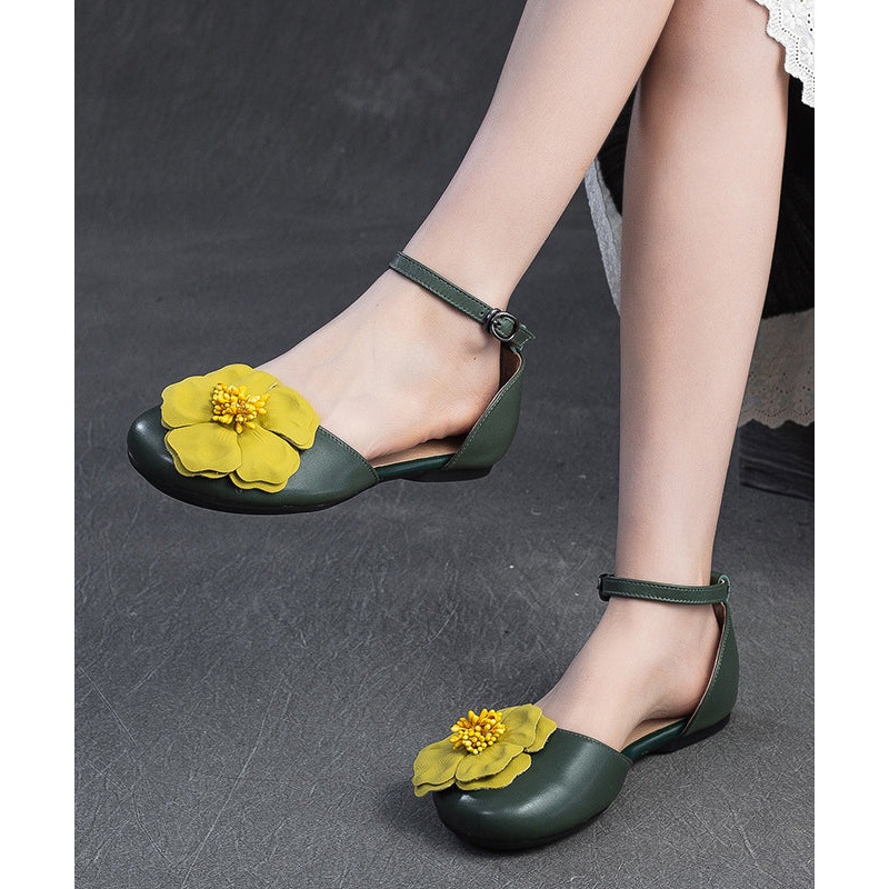 Women Floral Splicing Walking Sandals Green Cowhide Leather YC014