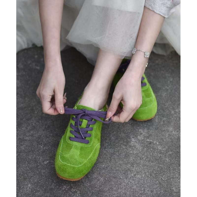 Women Splicing Flat Feet Shoes Green Suede Lace Up YC023