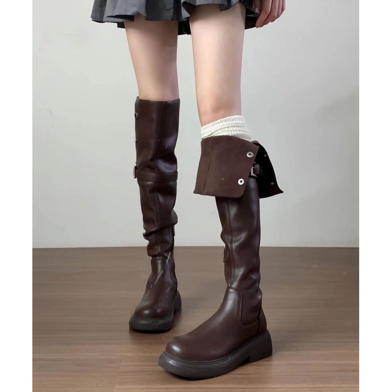 2025 New Versatile Brown Faux Leather Splicing Knee Boots YC009
