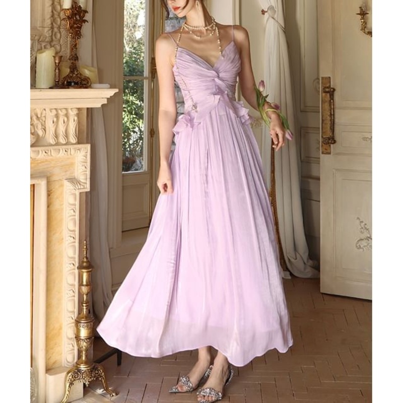 A-Line Dress Ruffle Maxi Spaghetti Plain Strap Trim V-Neck