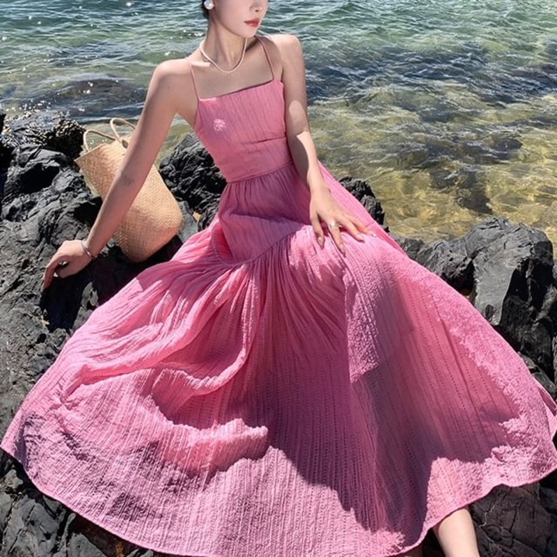 A-Line Spaghetti Dress Plain Textured Strap Maxi