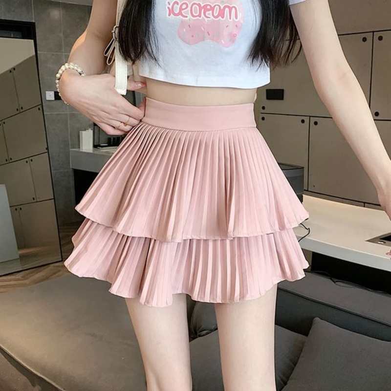 A-Line Tiered Waist Accordion Pleated Mini High Skirt Plain