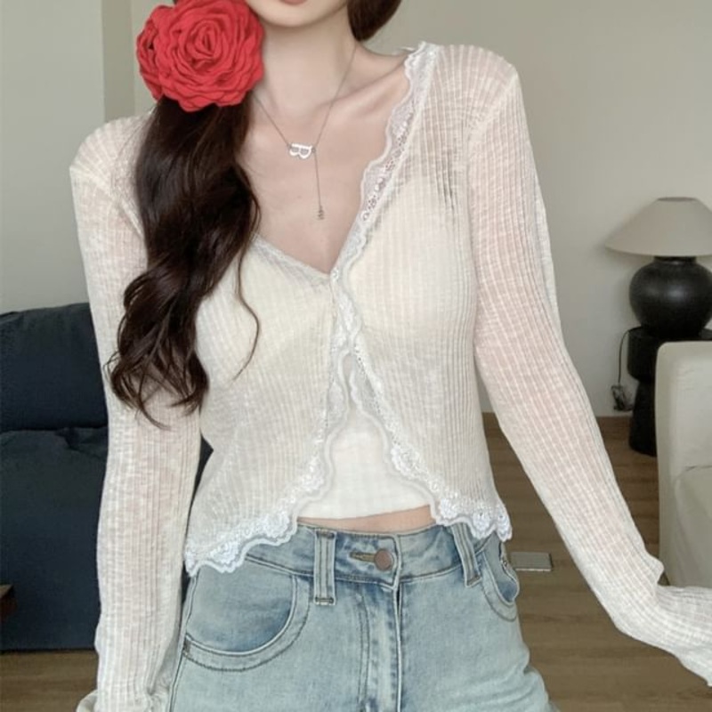 Crop Sheer One-Buttoned V-Neck Lace Cardigan Plain Trim