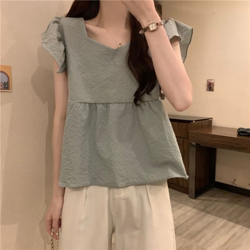 Plain Blouse Peplum Cap-Sleeve