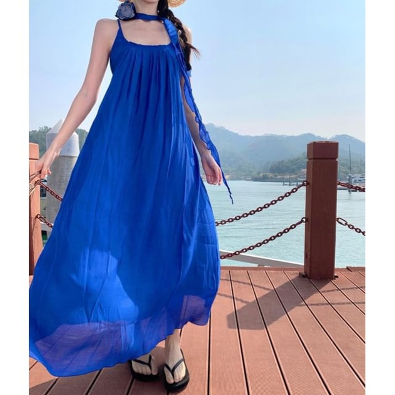 Strap Dress A-Line Ruffle Scoop Maxi Plain Spaghetti Neck Trim