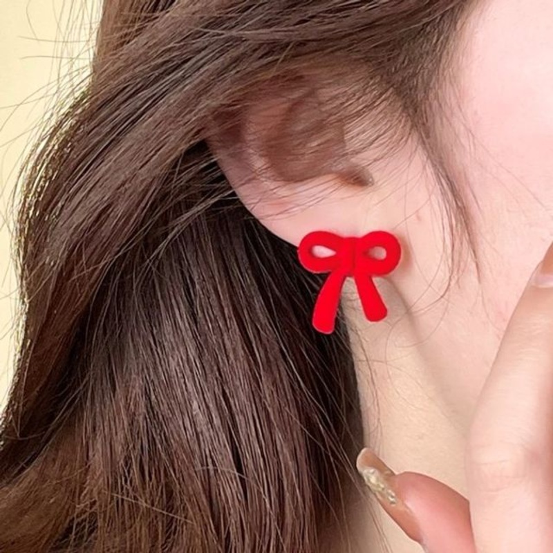 Stud Earring Flocking Bow|1 Pair – Black|1 Pair – Purple|1 Pair – Red|One Size