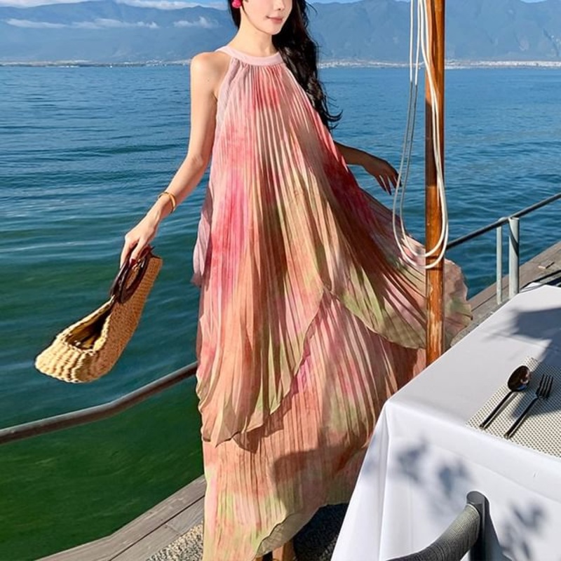 Tie Maxi Dye Neck A-Line Crew Sleeveless Dress Pleated
