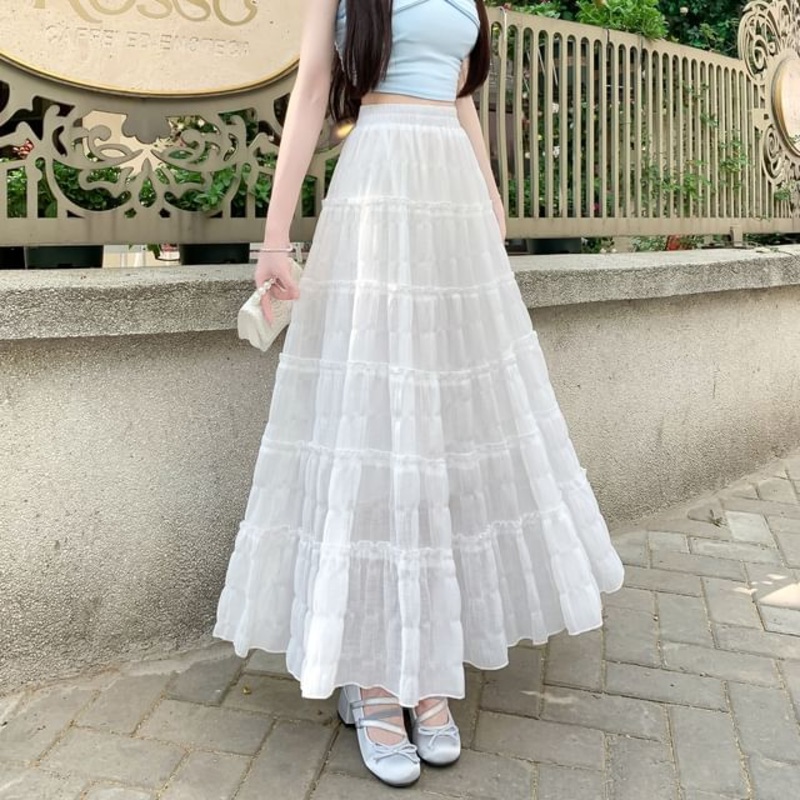 Tiered Mesh Midi Elastic A-Line Waist Skirt Plain